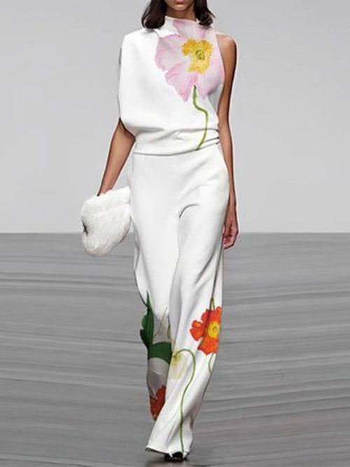 High Waisted Loose Asymmetric Floral Printed Split-Joint Pants Trousers