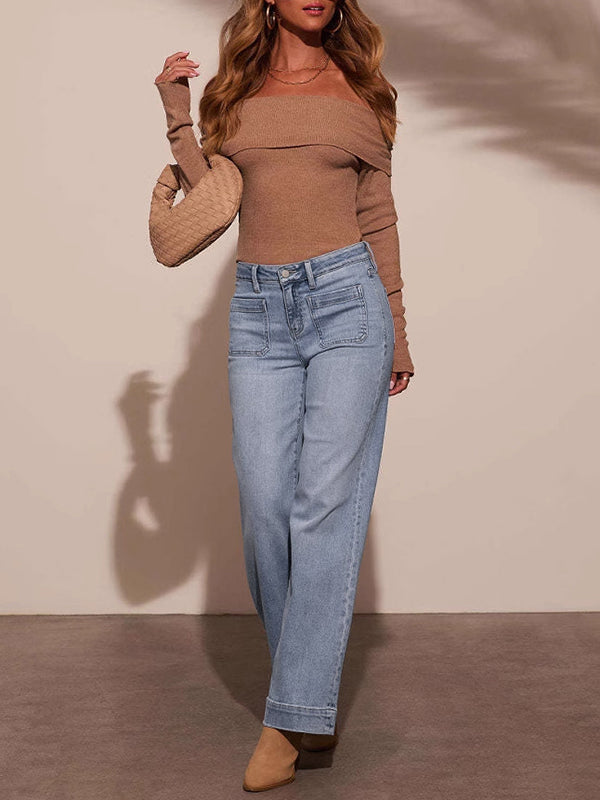 High Waisted Wide Leg Belt Buckle Split-Joint Jean Pants Bottoms