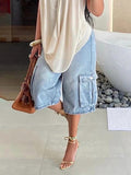 Loose Wide Leg Pockets Split-Joint Denim Half Pants