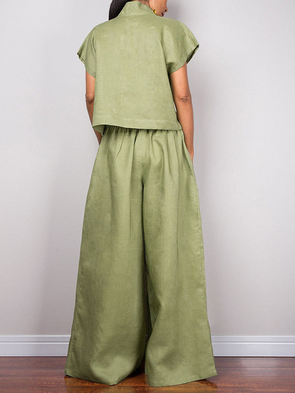 High Waisted Loose Drawstring Pleated Solid Color Split-Joint Pants Trousers