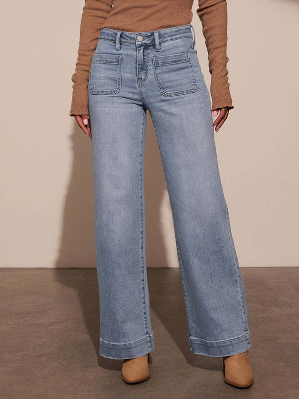 High Waisted Wide Leg Belt Buckle Split-Joint Jean Pants Bottoms