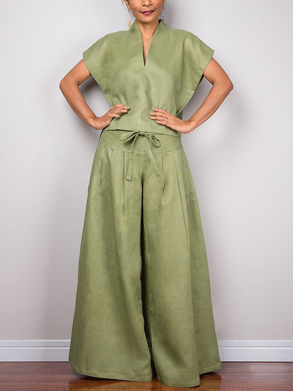 High Waisted Loose Drawstring Pleated Solid Color Split-Joint Pants Trousers