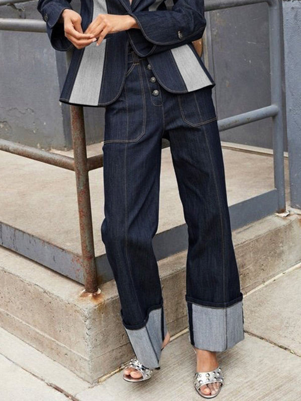 High Waisted Straight Leg Contrast Color Split-Joint Jean Pants Bottoms